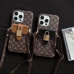 Louis Vuitton Lanyard Elegant Leather Wallet Phone Case for iPhone 15 14 Pro Max 13 12 11