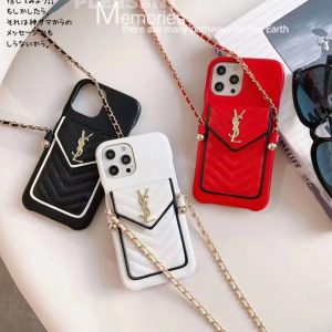 Saint Laurent Luxury Leather Lanyard Card Holder Case for iPhone 15 14 Pro Max 13 12 11 XR XS 7 8 Plus