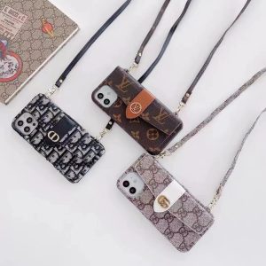 Louis Vuitton Gucci Dior Lanyard Card Holder Leather Case for iPhone 15 14 Pro Max 13 12 11 - IPHONE 12 PRO