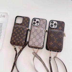 Louis Vuitton Monogram Lanyard Wallet Leather Case for iPhone 15 14 Pro Max 13 12 11 XR XS 7 8 Plus