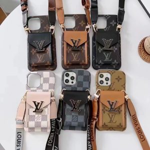 Louis Vuitton Luxury Lanyard Card Holder Leather Phone Case for iPhone 15 14 Pro Max 13 12 11 XR XS 7 8 Plus