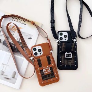 Fendi Luxury Lanyard Leather Phone Case for iPhone 15 14 13 12 Pro Max - IPHONE 12 PRO