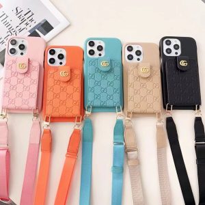 Gucci Luxury Lanyard Leather Card Holder Phone Case for iPhone 15 14 Pro Max 13 12 - IPHONE 12 PRO