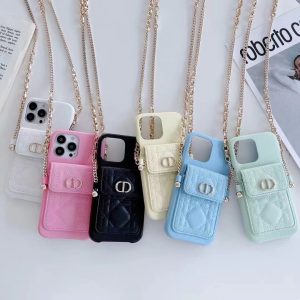 Dior Luxury Leather Lanyard Card Holder Case for iPhone 15 14 Pro Max 13 12 11