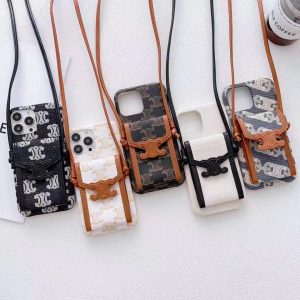 Celine Luxury Lanyard Wallet Card Case Leather Phone Case for iPhone 15 14 Pro Max 13 12 11