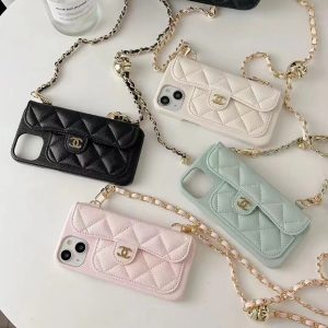 Chanel Luxury Elegant Lanyard Card Holder Leather Phone Case for iPhone 15 14 13 12 11 Pro Max