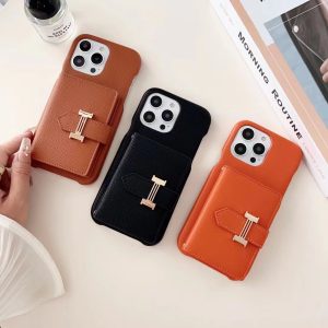 Hermes Luxury Card Holder Leather Phone Case for iPhone 15 14 Pro Max 13 12 11