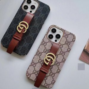 Gucci Luxury Wrist Strap Leather Phone Case for iPhone 15 14 13 12 11 Pro Max - IPHONE 11