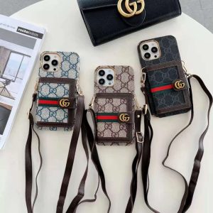 Gucci Luxury Elegant Lanyard Card Holder Leather Phone Case for iPhone 15 14 Pro Max 13 12 11 XR XS 7 8 Plus - IPHONE X/ XS