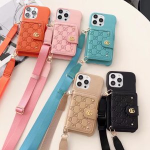 Gucci Luxury Lanyard Leather Card Holder Phone Case for iPhone 15 14 13 12 11 Pro Max - IPHONE 12 PRO