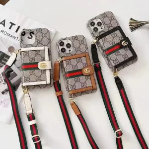 Gucci Luxury Lanyard Card Holder Leather Phone Case for iPhone 15 14 13 12 11 Pro Max XR XS 7 8 Plus - IPHONE X/ XS