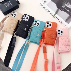 Louis Vuitton Luxury Lanyard Leather Card Holder Phone Case for iPhone 14 13 12 15 Pro Max