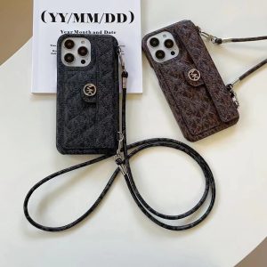 Michael Kors Lanyard Luxury Card Holder Leather Phone Case for iPhone 15 14 13 12 11 Pro Max - IPHONE 12 PRO