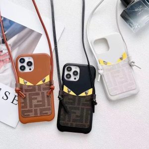 Fendi Luxury Leather Lanyard Card Holder Case for iPhone 15 14 Pro Max 13 12 11