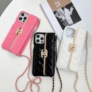 Chanel Luxury Leather Lanyard Card Holder Case for iPhone 15 14 Pro Max 13 12 11