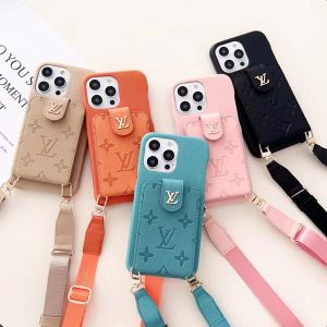 Louis Vuitton Luxury Lanyard Leather Card Holder Phone Case for iPhone 15 14 Pro Max 13 12 - IPHONE 12 PRO