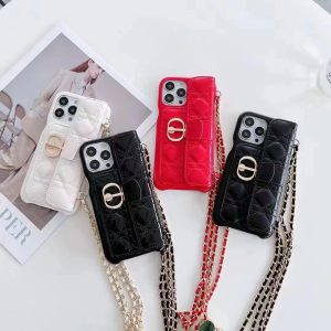 Dior Montaigne Leather Lanyard Card Holder Case for iPhone 15 14 Pro Max 13 12 11 XR XS 7 8 Plus