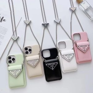 Prada Luxury Lanyard Wallet Card Holder Leather Phone Case for iPhone 15 14 13 12 11 Pro Max