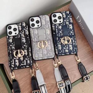 Dior Luxury Leather Crossbody Strap Card Holder Phone Case For iPhone 15 14 13 12 Pro Max - IPHONE 12 PRO