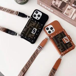 Fendi Luxury Leather Crossbody Strap Card Holder Phone Case For iPhone 15 14 13 12 Pro Max - IPHONE 12 PRO