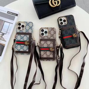 Gucci Luxury Leather Crossbody Strap Phone Case For iPhone 15 14 13 12 11 Pro Max XR XS 7 8 Plus