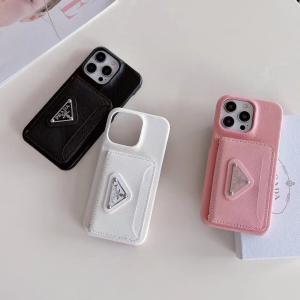 Prada Luxury Leather Card Holder Phone Case For iPhone 15 Pro Max 14 13 12 - IPHONE 12 PRO