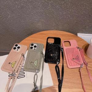 Prada Luxury Leather Crossbody Strap Card Holder Phone Case For iPhone 15 Pro Max 14 13 12 11 - IPHONE 11